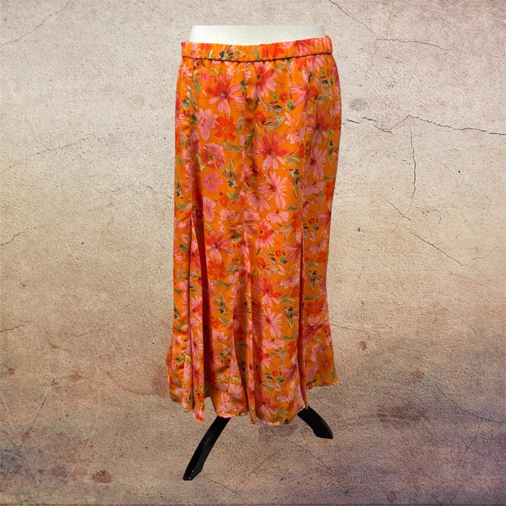 Coldwater Creek Orange Pink Floral Midi Skirt Petite Large Chiffon Lined Cruisi